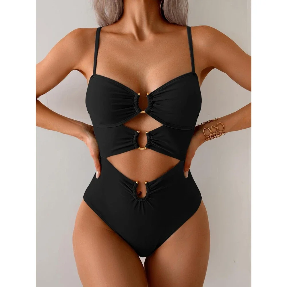 Eomenie Women's Black Cutout One Piece Swimsuit Ring Linked Sexy Monokini XL
